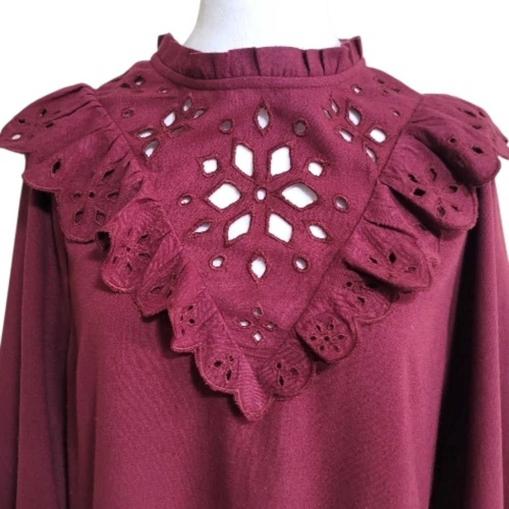 Madewell Embroidered Ruffled Flannel Mini Dress In Vintage Mulberry. Cottagecore - Picture 10 of 14